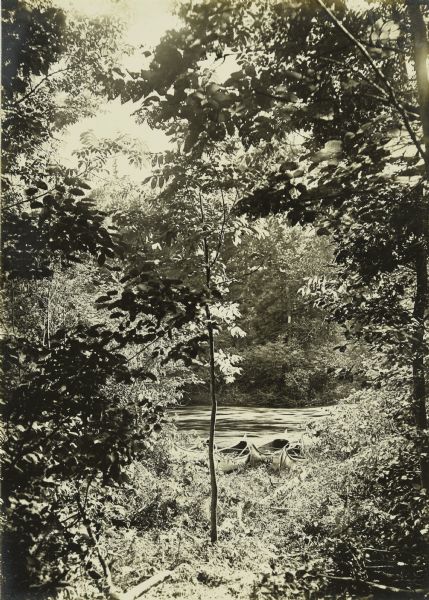 A view through foliage of the canoes at the Presque Isle River, where The Gang completed their first portage of the trip.