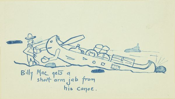 A cartoon drawn by Carl depicting Billy Mac being punched by an anthopmorphized canoe, which is wearing boxing gloves.