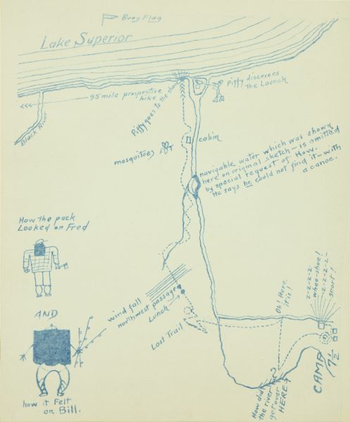 A hand-drawn and illustrated map of The Gang's trip from their seventh camp to Lake Superior.