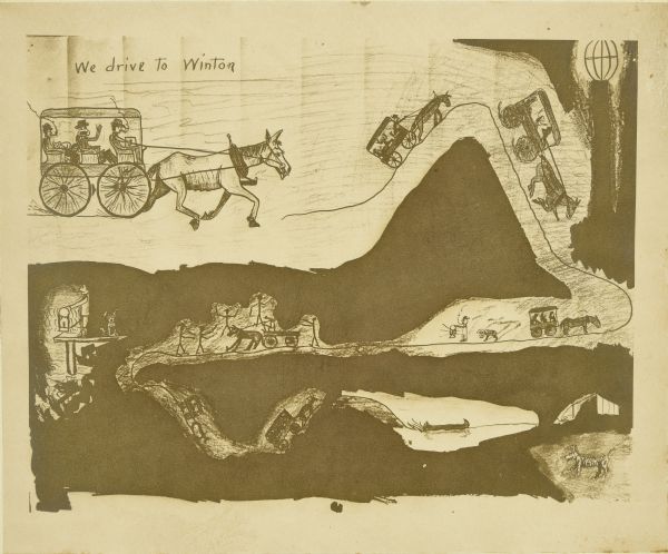 Carl Greene's drawing of a map of The Gang's trip to Winton, titled "We drive to Winton." This map shows a road currently known as the Thirteen Corners Road from Ely to Winton.