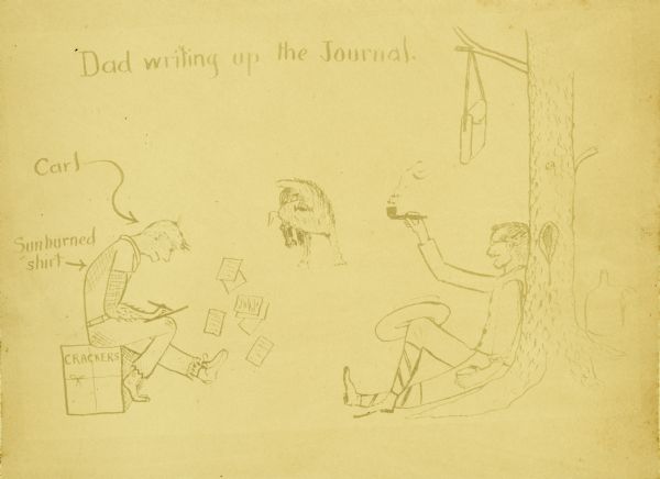 Carl's cartoon drawing of himself and Howard ("dad") Greene. Dad is relaxing by a tree smoking a tobacco pipe while Carl is busily writing.