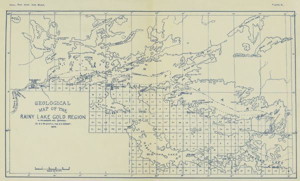 A geological map of the Rainy Lake region in Minnesota and Ontario.