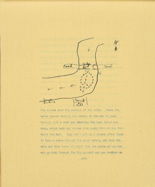 A drawing of The Gang's camp on a hill next to Eagle River. The drawing includes the river, a road, and a bridge. Arrows drawn on the river show the direction of the current. Typewritten text is below.