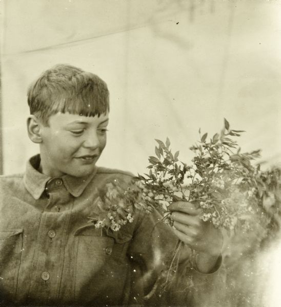 Howard T. Greene inspecting a bunch of flowers he is holding in his hand.