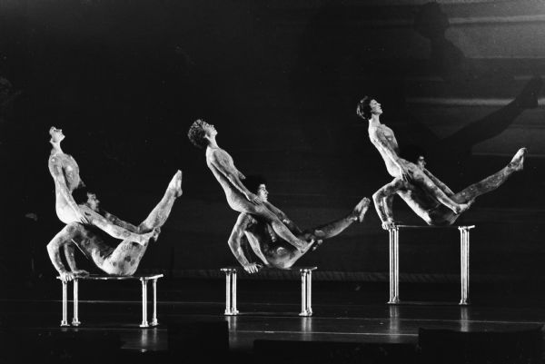The Alwin Nikolais Dance Company performs a balancing routine at the Union Theater. Nikolais was awarded a Mayoral Citation for Alwin Nikolais Dance Week in December 3-10, 1978.