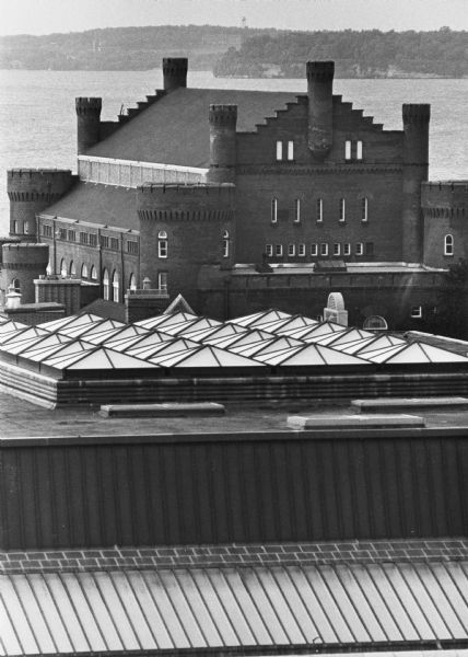 Elevated view of the Red Gym Armory from Vilas Hall, with Lake Mendota and Maple Bluff on the far shoreline in the background.
