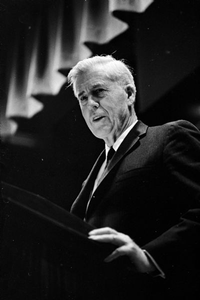 Former Vice-President Henry Wallace giving a speech at the the Wisconsin Center at the special Benjamin Hibbard Memorial Lecture. In it, he calls price-wage battle a threat to the United States' position in the world.