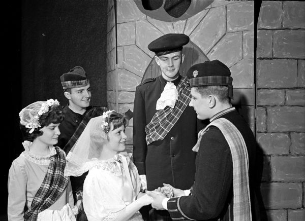 Five cast members in the Edgewood high school's production of "Brigadoon." Left to right are: Ellen Bowar, Modest Richards, Mary Ann Brodzeller, John Armstrong, and Joseph Varese.