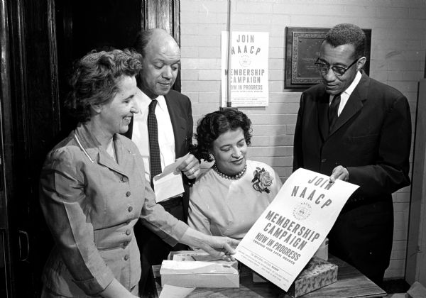 Madison chapter of the National Association for the Advancement of Colored People (NAACP) plans annual Freedom Fund benefit at Central High School. Shown (L-R) are Mrs. L. E. Pfankuchen, Odell Taliaferro, Mrs. Emery Styles, and Dr. Samuel Williams, pastor of the Friendship Baptist Church, Atlanta, Georgia, main speaker at the event.