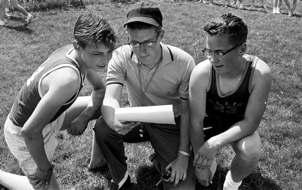 Starter Steve Barr, center, going over race assignments with two contestants, Neil Dettwiler, Silver Springs School, left, and Steve Temlin, Allis School, at the track and field meet at Allis Grade School.