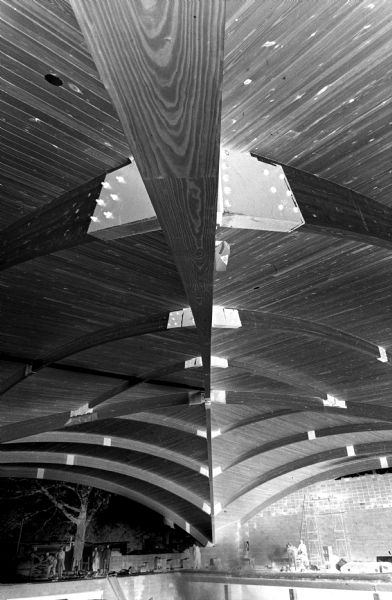 Wooden arches forming the roof of the gymnasium on the campus of Edgewood College.