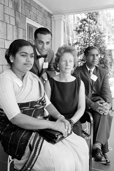 Several persons from foreign lands were special guests of honor at the tea. Shown with Frances Rieser (third from left), are Mrs. T.C. Pillay of India, Eduardo Almeida of Columbia, South America, and Mr. T.C. Pillay.