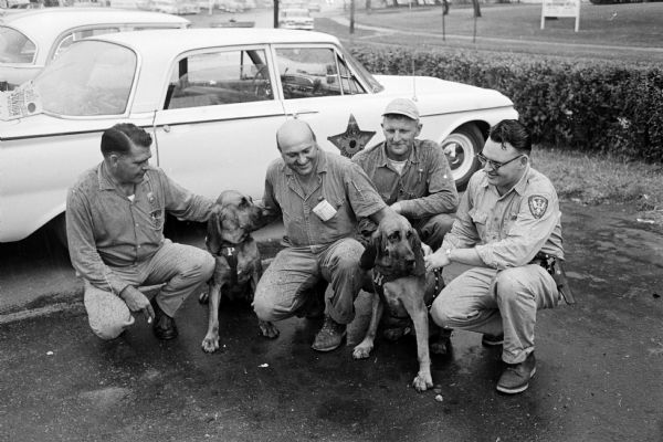 Three Jefferson County Sheriff Department officers and a search volunteer posing with two bloodhounds that took part in a manhunt for a suspect from an incident where two Sauk County policemen were gunned down in Lake Delton. Left to right are LeRoy Bauer, Jefferson county sheriff; Jerome Yelk, Jefferson county deputy; Max Kapelke, a volunteer from North Freedom; and Charles Hulbert, Jefferson county deputy. The suspect, William Welter, was found near the Lyndon Station city dump.