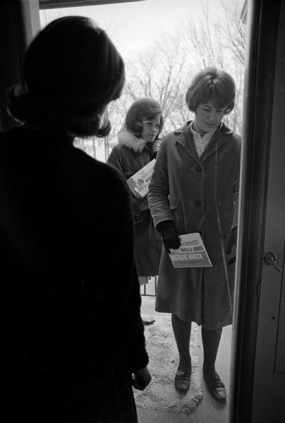The annual March of Dimes door-to-door campaign highlights the 10th anniversary of the Salk vaccine against polio. Solicitors include "Polio Pioneers," who, 10 years ago received the first Salk vaccine in Madison.  They are from left to right Susan Woodrow and Jane Dudley.