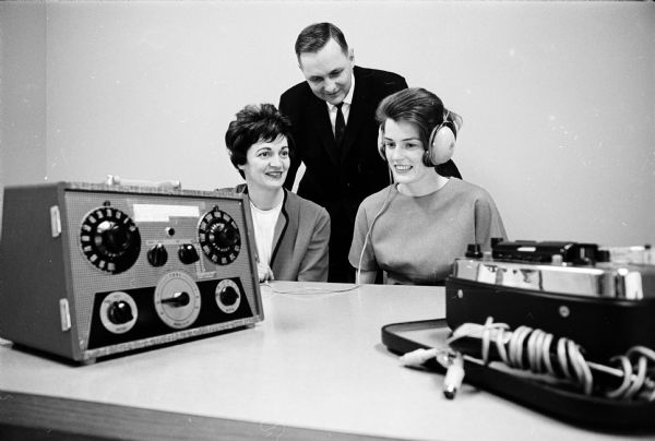 Madison General Hospital's speech and hearing therapy department received new equipment purchased with proceeds from Kappa Alpha Theta's February benefit, "Salute to the Arts." Checking out the new audiometer and tape recorder are, left to right, Joan Jennerjohn, immediate past president of the alumnae chapter; Gordon Johnsen, hospital administrator; and Karen Icke, benefit chairman.