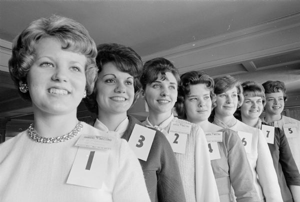 Janice Clawson, New Lisbon, second from left, was crowned Miss Wisconsin Rural Electrification at the annual meeting of the Wisconsin Rural Electric Cooperative. The other contestants are, left to right, Ann Marie Thompson, Galesville; Susan Drohman, Grantsburg; Dixie Lee Brill, Superior; Mary Janice Jung, Cambria; Betty Messerschmidt, Montello; and Joanne Hoffland, Soldiers Grove.