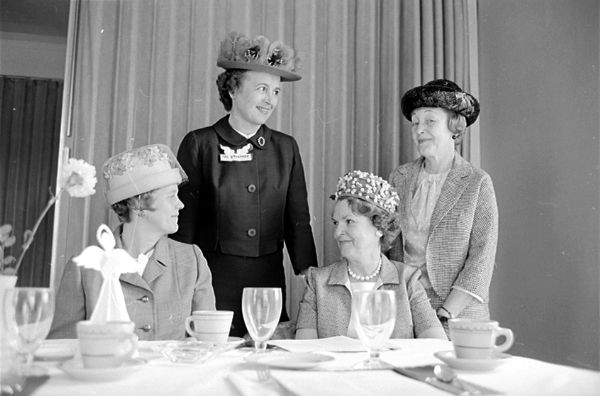 Four Attic Angels Association probationers for 1964-65 at the spring luncheon held at the Maple Bluff Country Club. Seated are Joyce Weston and Helen Neely. Standing are Barbars Bruemmer and Meredithe Shuler.