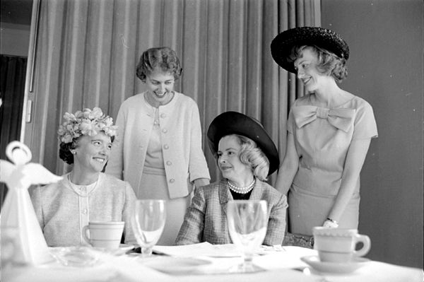 Four probationers of the Attic Angels Association at the spring luncheon held at the Maple Bluff Country Club. Seated are Elinor Stege and Phyllis Beck. Standing are Sara Reynolds (?) and Mary Findorff.