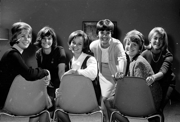 The six finalists for the title of Homecoming queen at the University of Wisconsin. One will be chosen queen and the other five will make up the queen's court. From left are Laurie Rosenmayer, Platteville; Barb Heinz, Minnetonka, Minnesota; Lynne Peters, Marshfield; Pam Tucker, Denver, Colorado; Bev Timbers, Stanford, Connecticut; and Nan Finegold, Pittsburg, Pennsylvania.
