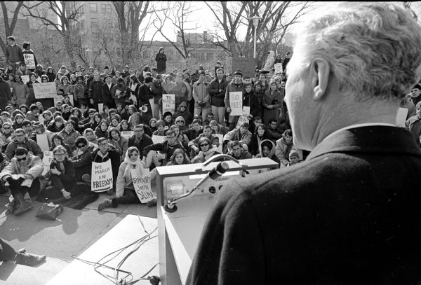 Gov. Warren Knowles, right, is shown addressing the 175 Beloit College students who undertook a two-day march to the capitol from their campus 50 miles away, to express their support for civil rights. The crowd was increased by a number of University of Wisconsin and Edgewood College students who joined them at the capitol.