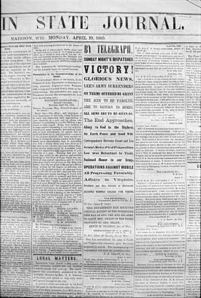 Front page of the "Wisconsin State Journal" on April 10, 1865 headlining Abraham Lincoln's assassination.