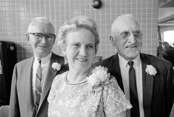Three long-time employees of Mendota State Hospital were honored at a retirement party. Left to right: John Maly, Hazel Conway, and George Fadden. Another employee, Helen Klein, is also retiring but was unable to attend the party.