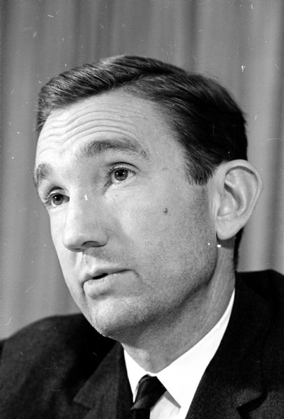Ramsey Clark, Deputy Attorney General of the United States, speaks at a banquet in Madison at the Park Motor Inn on the Square. Clark detailed a three-prong attack in the war on crime declared by President Lyndon Johnson.