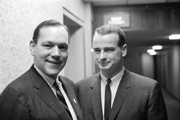 Rep. Robert Taft, Jr. (L), son of the late Sen. Robert A. Taft of Ohio and grandson of President William Howard Taft; and Reed Coleman (R), 427 Summit Road, son of the late Thomas F. Coleman, long time Wisconsin GOP leader, appear together at the Dane County GOP fund raising dinner held at the Park Motor Inn. Taft is the main speaker at the dinner, and Coleman is the finance chairman for Wisconsin's Second Congressional District GOP organization.