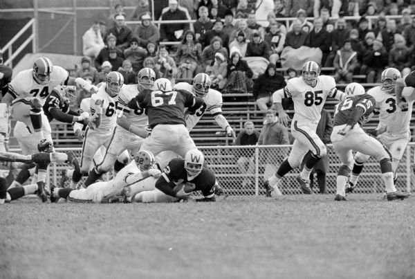 Wisconsin sophomore Quarterback John Boyajian recovering a fumble while LaCroix (#67) attempts to block the opposition during Wisconsin's 51-0 loss to Illinois. The loss was Wisconsin's worst football beating since a 54-0 loss to Minnesota in 1916.'s 51-0 loss to Illinois. The loss was Wisconsin's worst football beating since a 54-0 loss to Minnesota in 1916.