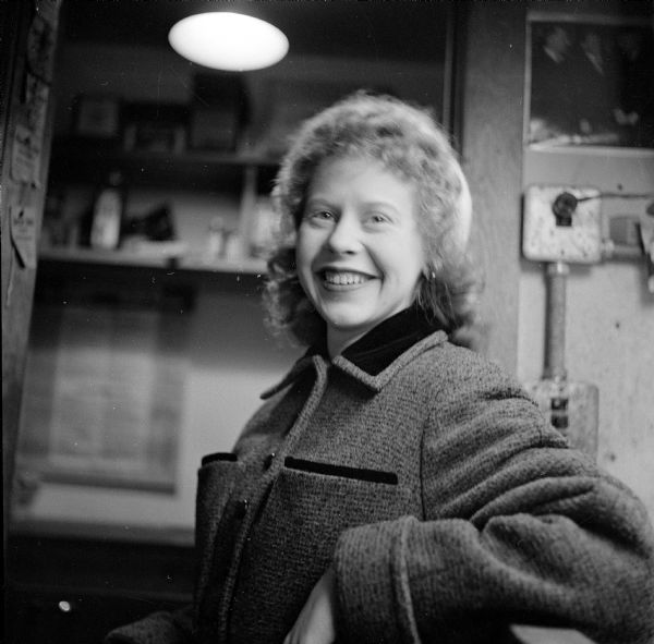 Portrait of Donna Stein (photographer's wife) wearing a fur hat and coat. They were married in January 1953.