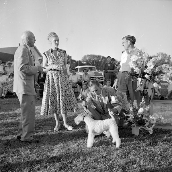 Two men and two women looking at a terrier at the Badger Kennel Club dog show.