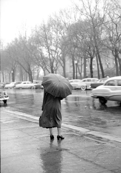 A solitary woman is carrying an umbrella while crossing the street at the intersection of South Carroll and Main Streets. The Wisconsin State Capitol is in the background.