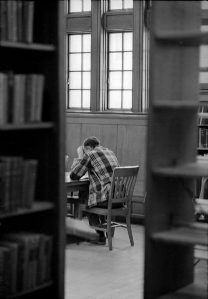 View between bookshelves towards a man finding a place to pause and rest in the Madison Free Library at 206 North Carroll Street.