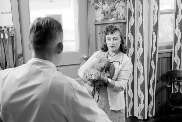 Mrs. Helen Cole has veterinarian Dr. R.H. Romaker exam her Pekingese cat at the Romaker Animal Hospital at 830 East Broadway Road.