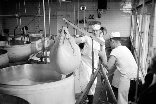 Cheese makers Bernard Cupp (right) and Alfred Abplanalp (left) completing the process of skimming curd from a vault of whey by lifting the cheese cloth bag of curd. The bag of cheese is then taken to the hoops for pressing.