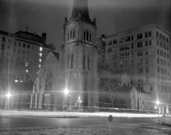 Night time exterior view of Grace Episcopal Church at 116 West Washington Avenue on the Capitol Square.