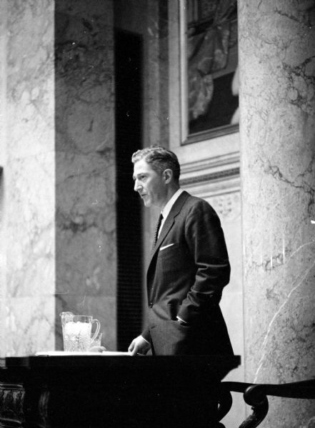 Newly-elected Lieutenant Governor Warren P. Knowles (of New Richmond) taking over as the presiding officer of the 1955 Wisconsin State Senate.