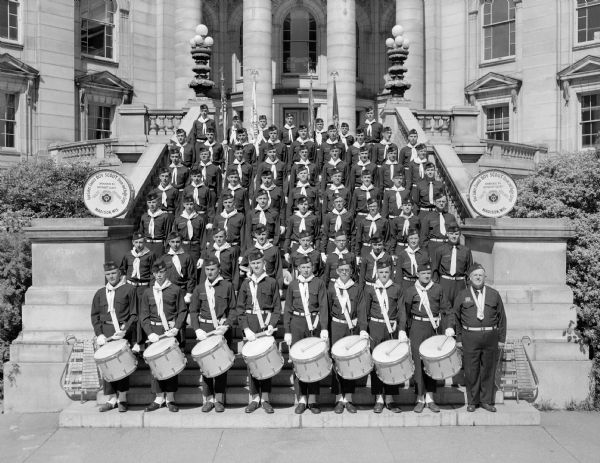 Four Lakes Council Boy Scout Drum and Bugle Corps of Madison, Wisconsin, lined up on the steps at the Wisconsin State Capitol.