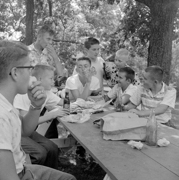 Eight <i>Wisconsin State Journal</i> carrier boys around a picnic table enjoying root beer and apples in the shade of a grove. They are (left to right): Richard Entwistle, Jim Severance, Merlin Brown, Mike Morgan, Dan Yopack, Robert Magee, James Holt, and Gerald Neupert.
