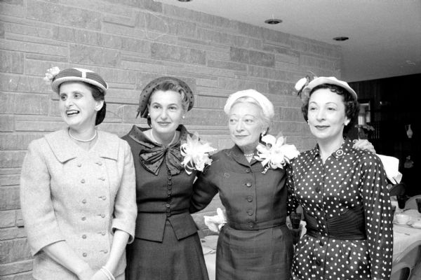 The guest speaker at the Initial Gifts luncheon to launch a Madison Jewish Welfare Fund drive was Mrs. Harry Jones from Detroit, Michigan. She is a member of the national board of the United Jewish Appeal organization. With her are (from left) Edna Heilprin, Mrs. Jones, Rose Silverberg, and Rose Glass.