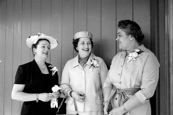 Three ladies attending the Initial Gifts luncheon to launch a Madison Jewish Welfare Fund drive. From left are Dorothy Sinykin, Evelyn Minkoff, and Helene Feit.