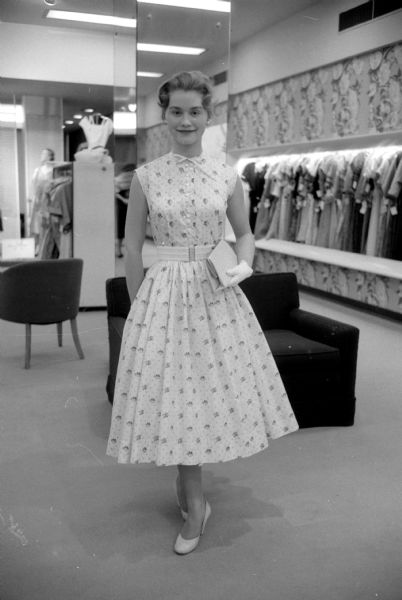 Teenage fashion show held at Harry S. Manchester women's clothing store to display twenty Vogue Pattern Service dress pattern styles. One of the models is Jackie Plenke (19 Frederick Circle), a junior at West High School.