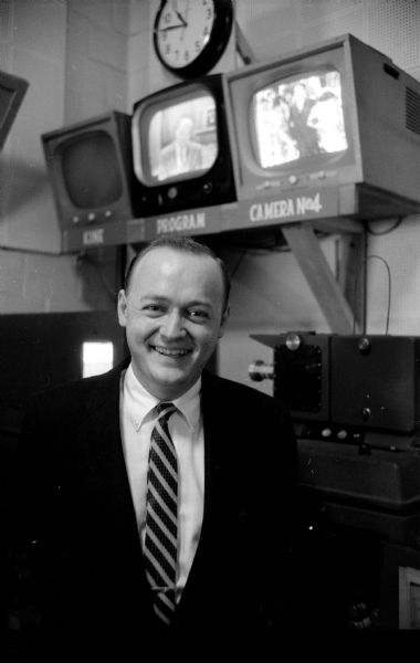 Jerry McNeely in a WHA-TV studio. McNeely was a U.W. alumn who taught in the University of Wisconsin speech department.