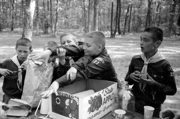 The scouts reach for their homemade cupcake desert after having eaten hot dogs and baked beans for their lunch. Shown (left to right) are: Paul Capadona, 1214 Drake Street; Alan Schwoegler, 412 S. Orchard Street; Greg Bruhn, 1322 Chandler Street; and Gene Maddrell, 316 S. Charter Street. They are members of Cub Scout Pack #321, Den #6 picnicking at Hoyt Park. 