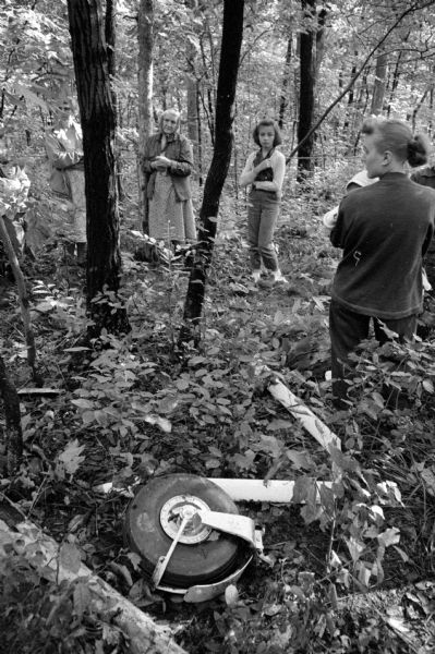 Area residents check the wreckage of the plane near LaRue, about 15 miles west of Baraboo. Mrs. Ed Meyer (standing between the two trees with folded hands) was one of the residents who heard the Gardners' plane circling the area and then crash.