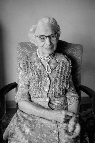 Portrait of Mrs. Ella Stevenson taken for her 98th birthday. After the close of the Civil War, she and her family left Pennsylvania to settle in Crawford County, Wisconsin. She lives with her daughter, Mrs. W.G. Gerlach, 208 East Winnequah Road, Monona.