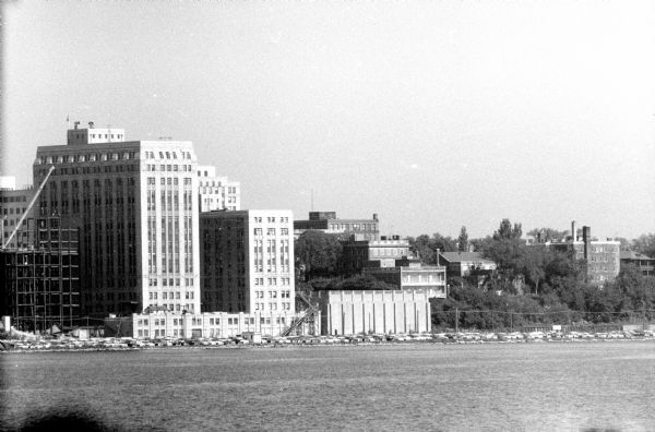 Wisconsin State Office Building at 1 West Wilson Street and the Monona Terrace area on the lake.