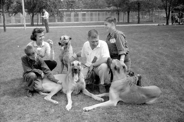 Participants in the 4th Annual Dog Obedience Trials held at the Double A Arena near Cambridge. Shown are Mr. and Mrs. Morton B. Wigderson (7 Frederick Circle) and their sons Mike (left, aged 9) and Bill (right, aged 14). Their Great Danes - Hamlet, Dagmar and Kala - await the judging of their class. Mr. Wigderson is the president of the Lakeland Dog Training Club, sponsor of the trials.     