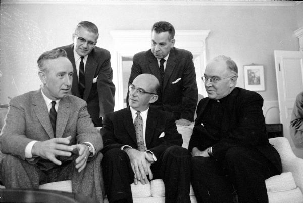 Benjamin Epstein, National Director of the Anti-Defamation League of B'nai B'rith, was guest of honor at a luncheon given by Governor and Mrs. Vernon W. Thomson at the executive residence. Seated from left to right are: Governor Thomson, Epstein, and the Reverend Franklyn J. Kennedy (Milwaukee), Catholic editor and vice-chair of the Governor's Commission on Human Rights. Standing are: Peter Pappas (La Crosse), Chairman of the Commission; and Sidney Sayles (Milwaukee), Regional Director of the Wisconsin Anti-Defamation League.