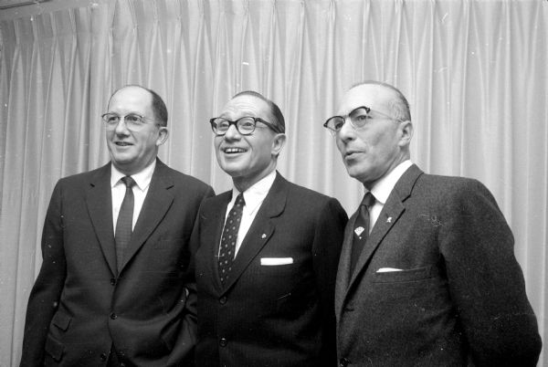 Madison's Harry Epstein (right) was honored at a dinner-meeting of Madison B'nai B'rith at the Hotel Loraine. Pictured with him are Leon Dizon (left) and Phillip M. Klutznick, New York, world president of the organization and a member of the United States delegation to the United Nations.
